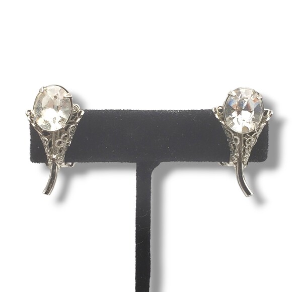 Silver Tone Filigree Oval Faceted Prong Set Rhinestone Clip On Earrings Floral - Picture 3 of 8